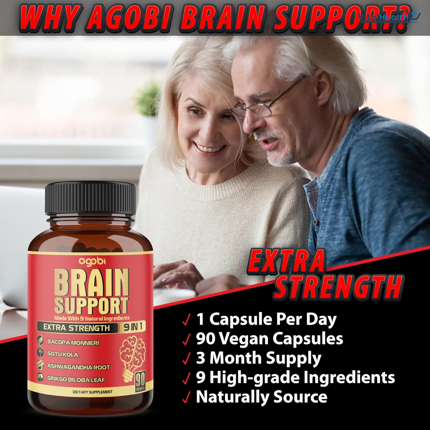 Agobi 9in1 Brain Support Supplement - Concentrated Ashwagandha Root, Gotu Kola Powder, Bacopa Monnieri Powder and More - 90 Capsules thumbnail 3