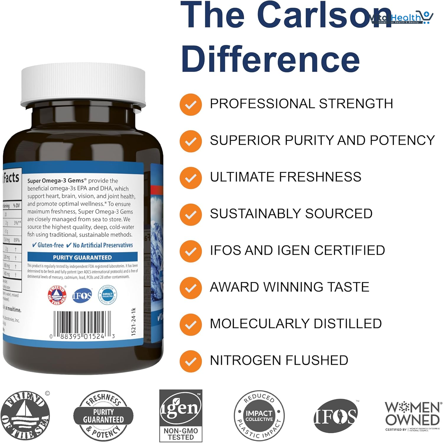 Carlson Super Omega-3 Gems, 1200 mg Omega-3s, Wild Caught, Sustainably Sourced, 50 soft gels thumbnail 5