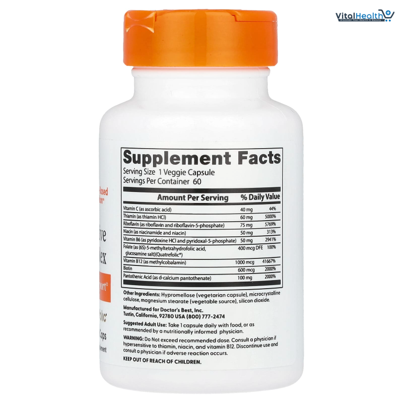 Doctors Best Fully Active B Complex, Energy &amp; Cellular Support, Non-GMO, Gluten Free, Soy Free, Vegan 30 Veggie Caps thumbnail 6