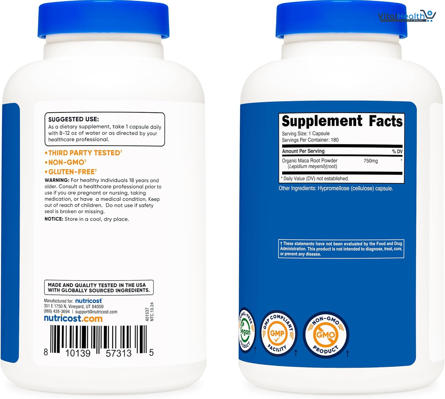 Nutricost Maca Root Capsules (Lepidium meyenii) 750mg, 180 Capsules, 180 Servings thumbnail 2
