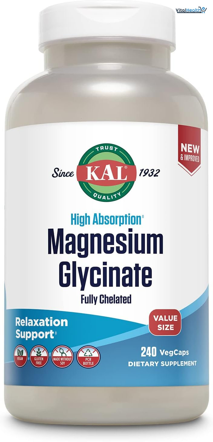 KAL Magnesium Glycinate, New &amp; Improved Fully Chelated High Absorption Formula with BioPerine, Bisglycinate Chelate for Stress, Relaxation, Muscle &amp; Bone Health Support, 60 Servings, 240 VegCaps thumbnail 5