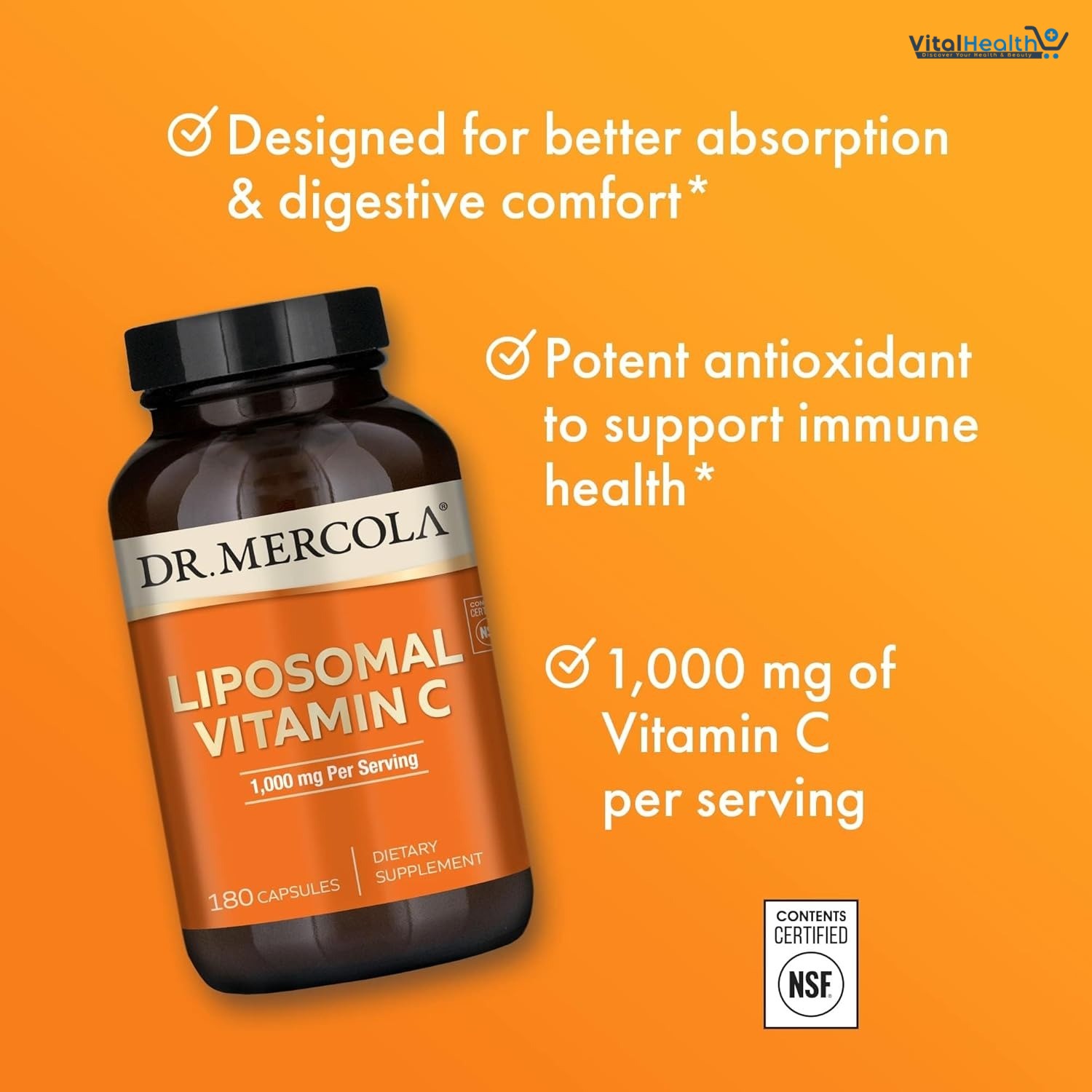 Dr. Mercola Liposomal Vitamin C - Brain, Heart, Eye &amp; Immune Support - Provides 1,000 mg of Bioavailable Vitamin C - Non-GMO, Gluten-Free &amp; Soy-Free - 180 Capsules (90 Servings) thumbnail 2