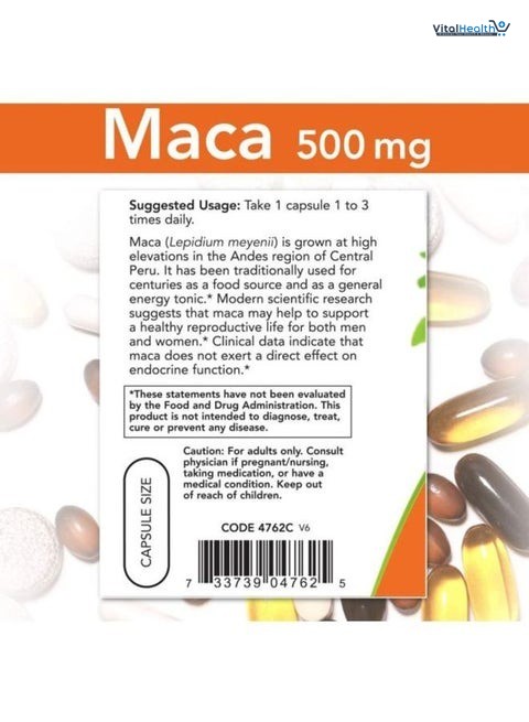 NOW Foods Supplements, Maca (Lepidium meyenii) 500 mg, For Men and Women, Reproductive Health, 250 Veg Capsules thumbnail 2