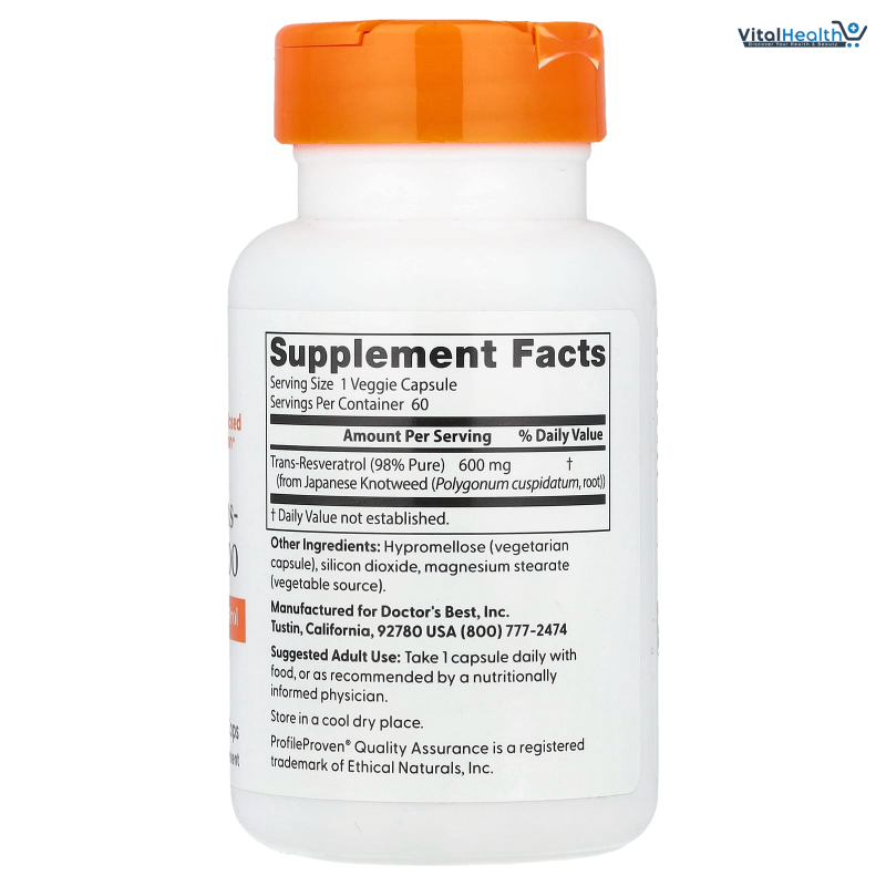 Doctors Best Trans- Resveratrol 600, 98% Pure Trans-Resveratro, Non-GMO, Gluten Free, Soy Free, Vegan 60 Veggie Caps thumbnail 4