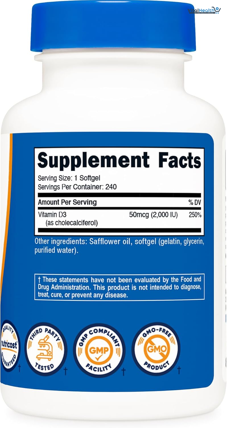 Nutricost Vitamin D3 2000 iu Softgels, 240 Softgels - Non-GMO &amp; Gluten Free thumbnail 2