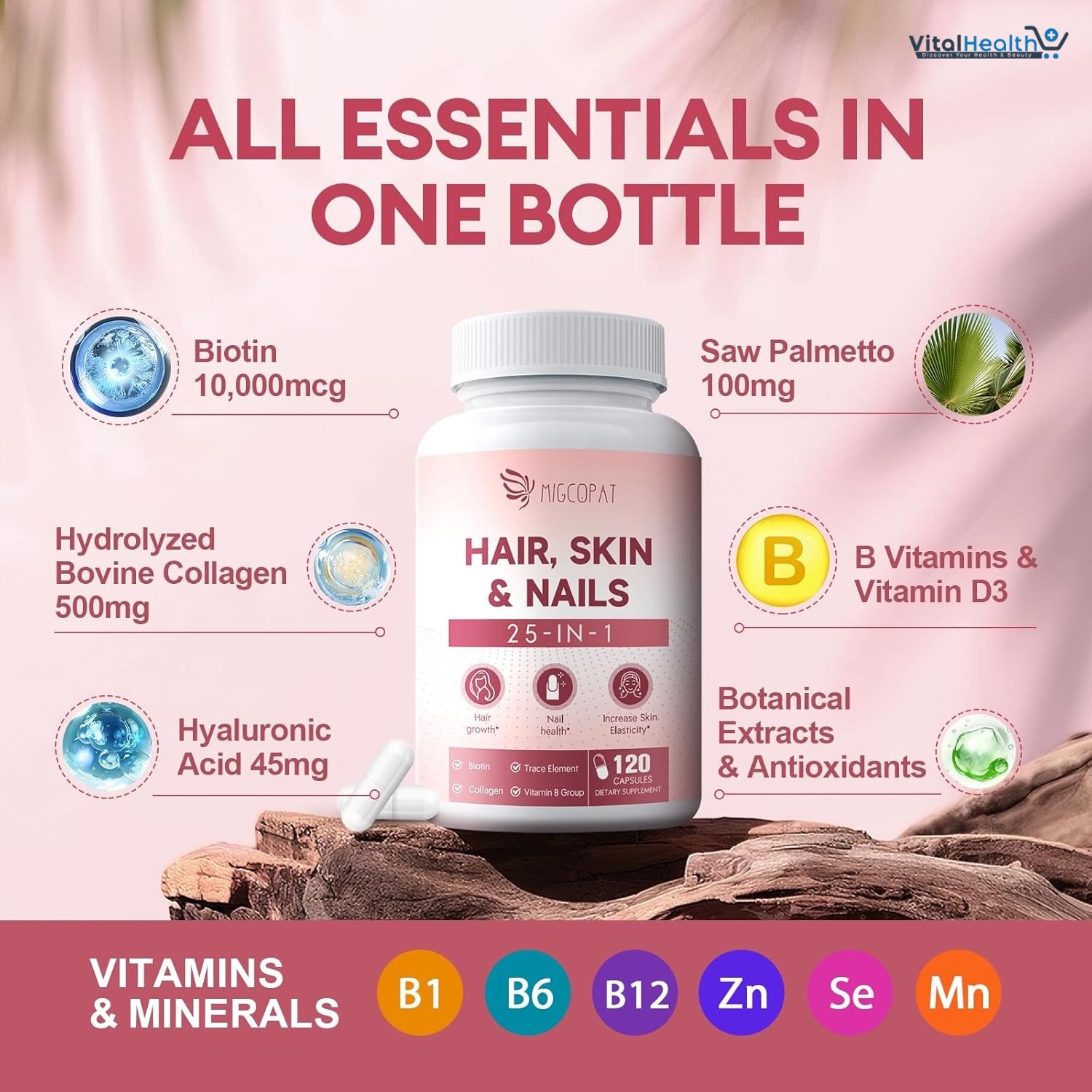 Hair Skin and Nails Vitamins with Biotin, Collagen &amp; Hyaluronic Acid, Supports Healthy Hair Growth, Strong Nails &amp; Glowing Skin, Biotin Supplement with Vitamins A, C, D3, E, B Complex &amp; Minerals thumbnail 3