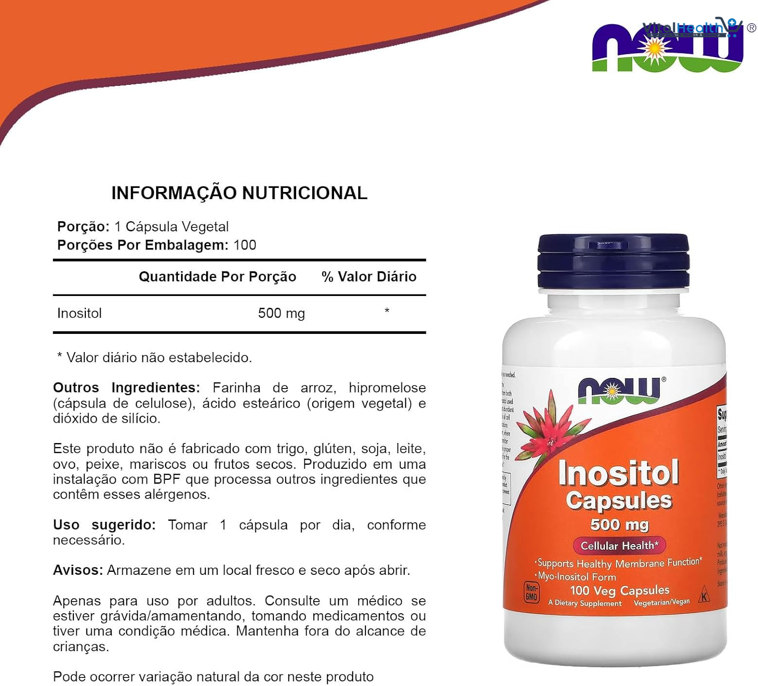 NOW Foods Supplements, Inositol 500 mg, Healthy Membrane Function, Cellular Health, 100 Veg Capsules thumbnail 3