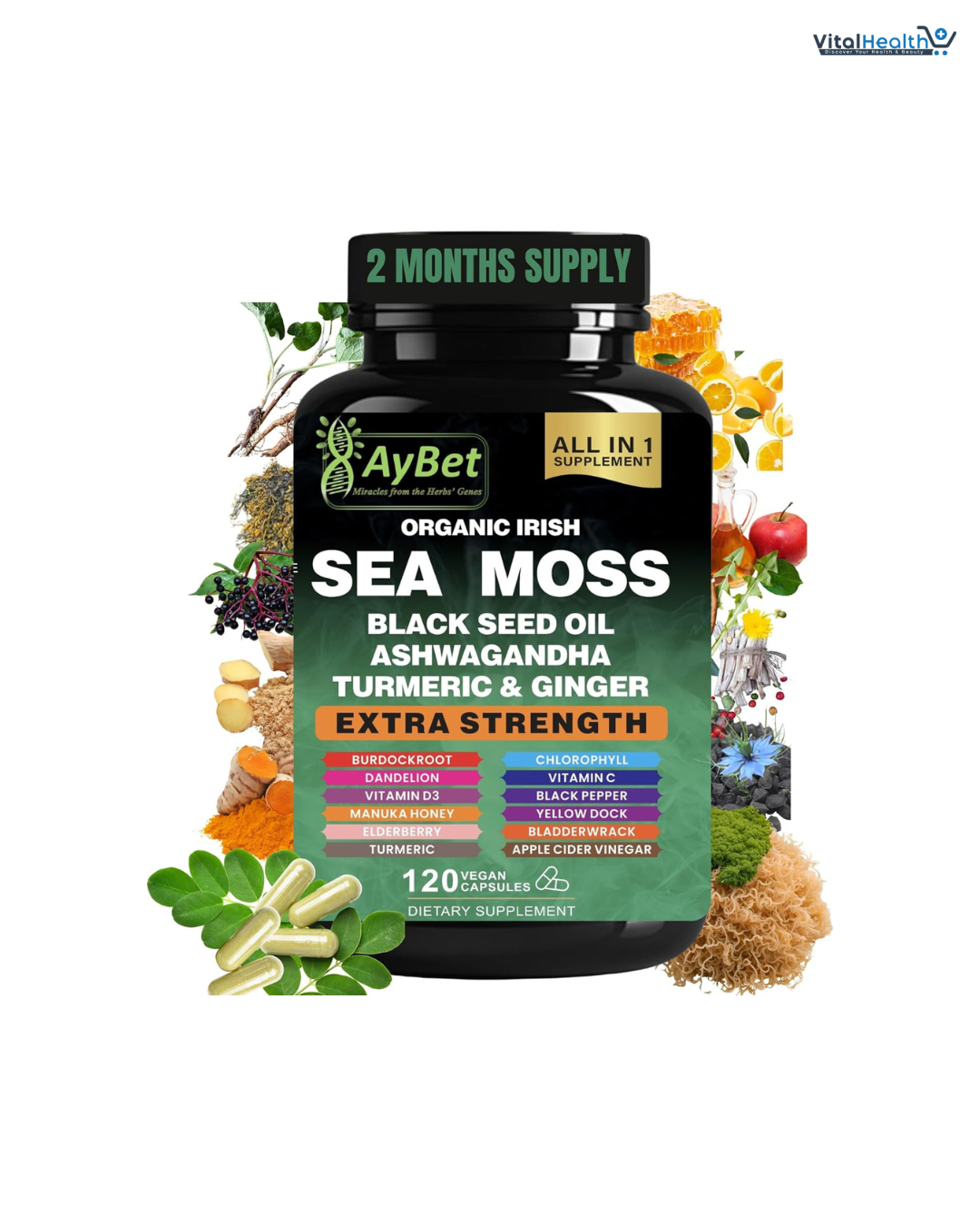 AyBet Organic Irish Sea Moss, Black Seed Oil, Ashwagandha, Turmeric,Ginger Capsule _ 120 Count thumbnail 2
