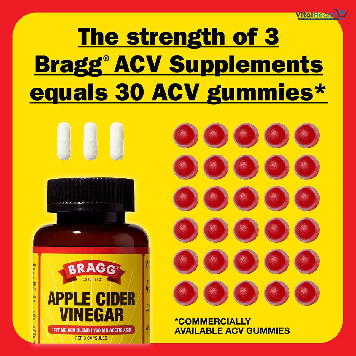 Bragg Organic Apple Cider Vinegar Capsules with Vitamin D and Zinc - 90 Count - Supports Immune System thumbnail 3