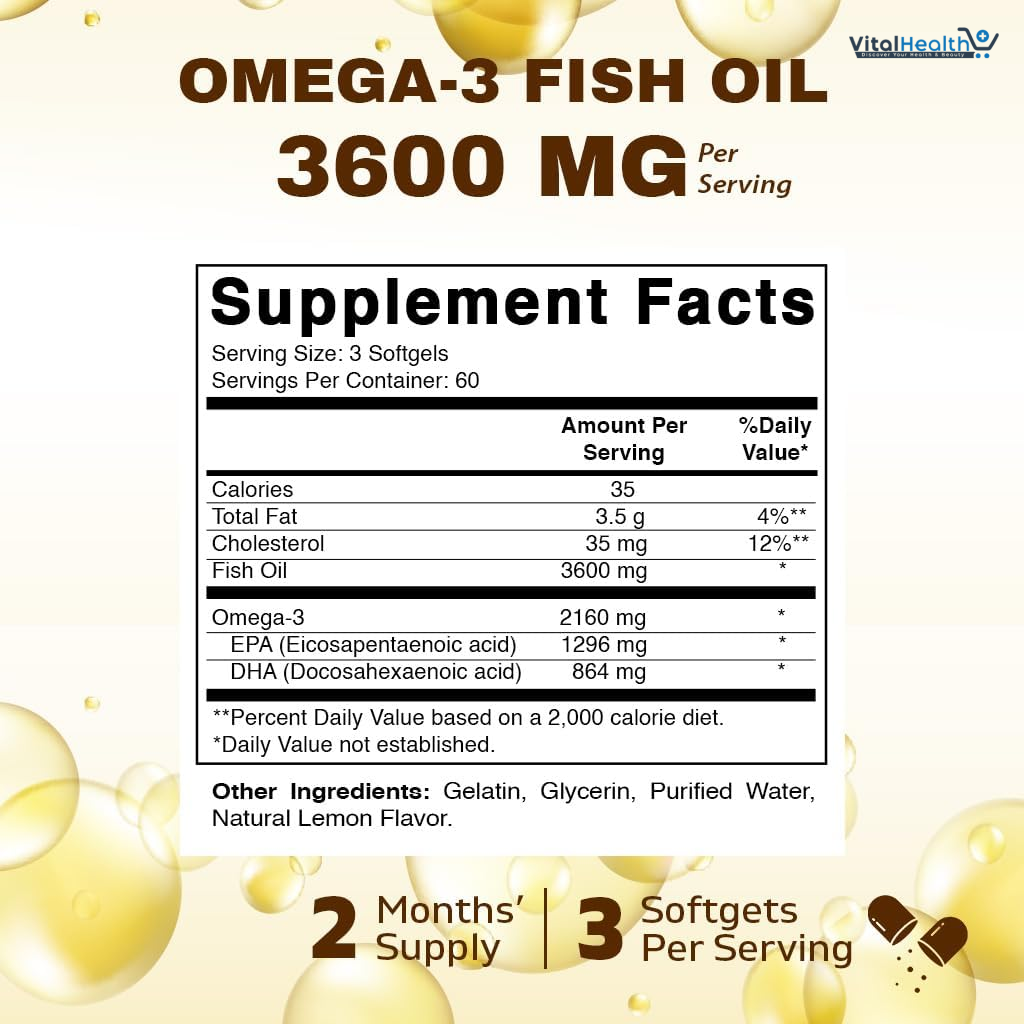Vitamatic Triple Strength Omega 3 Fish Oil 3600mg Per Serving, 2160mg Omega 3 Fatty Acids, 1296mg EPA + 864mg DHA, Burpless Lemon Flavor, 180 Softgels thumbnail 3