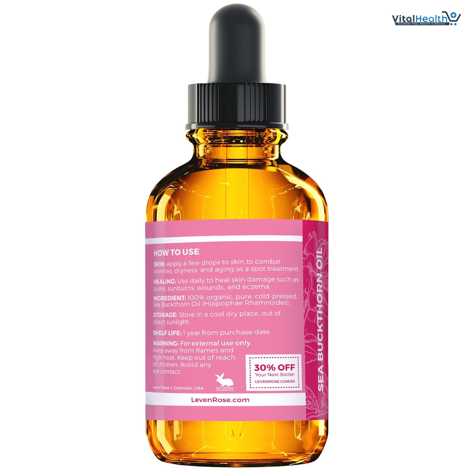 Leven Rose Sea Buckthorn Seed Oil, 100% Pure Unrefined Cold Pressed Anti Aging Acne Treatment for Hair Skin and Nails (1 oz) thumbnail 3