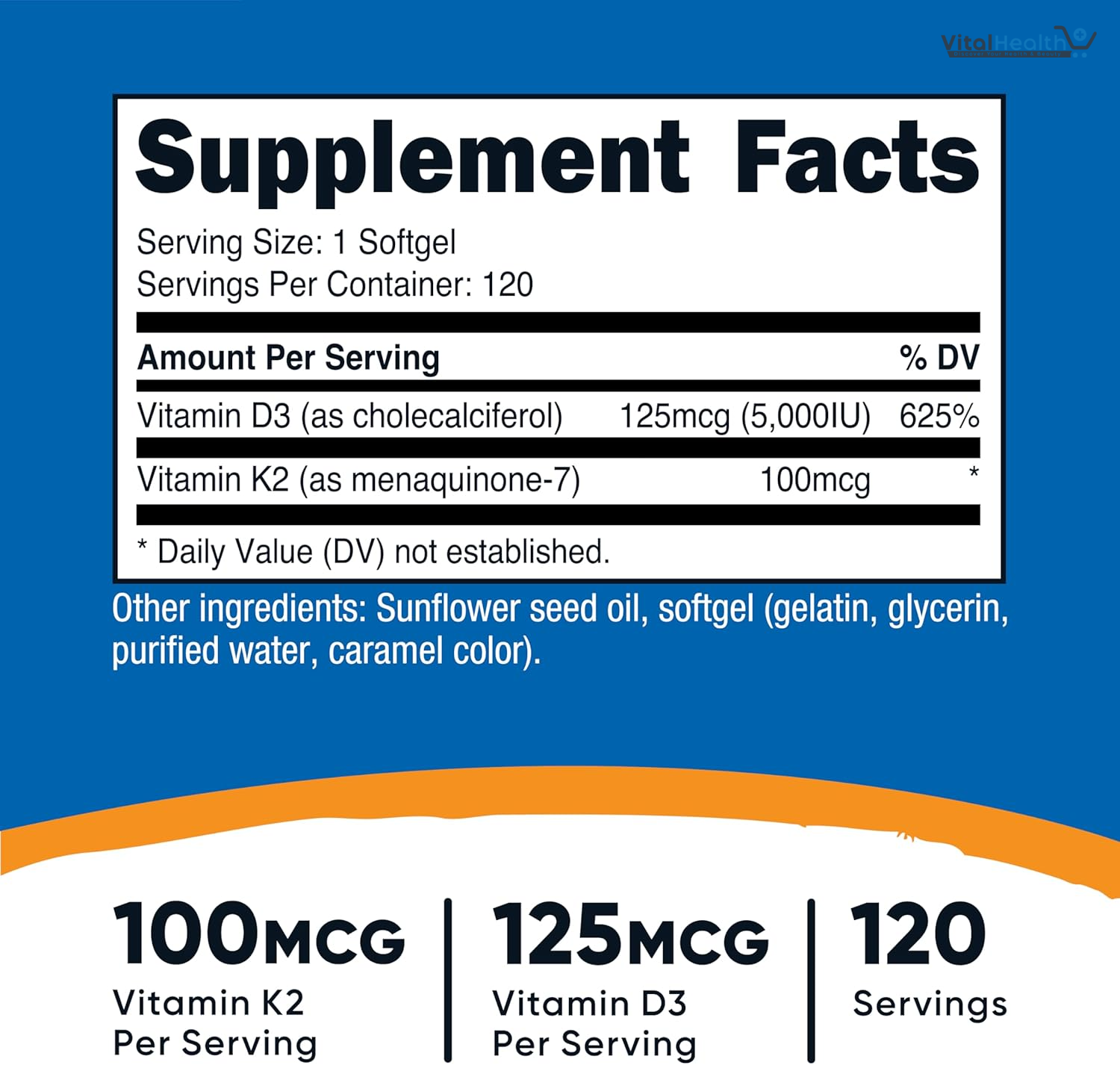 Nutricost Vitamin K2 (MK7) (100mcg) + Vitamin D3 (5000 IU) 120 Softgels - Gluten Free and Non-GMO thumbnail 4