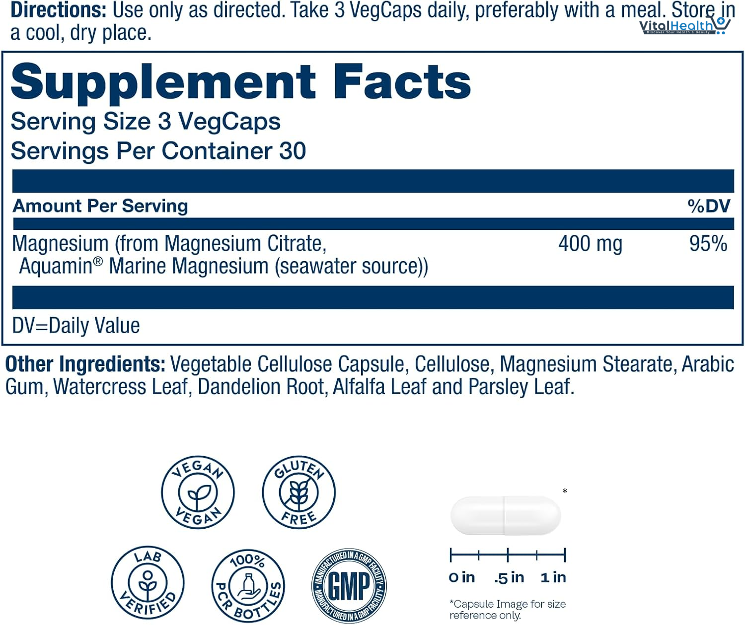 SOLARAY Magnesium Citrate 400mg - Magnesium Supplement - Bone Health, Muscle, Relaxation and Heart Health Support - Vegan, Gluten Free - 30 Servings, 90 VegCaps thumbnail 2