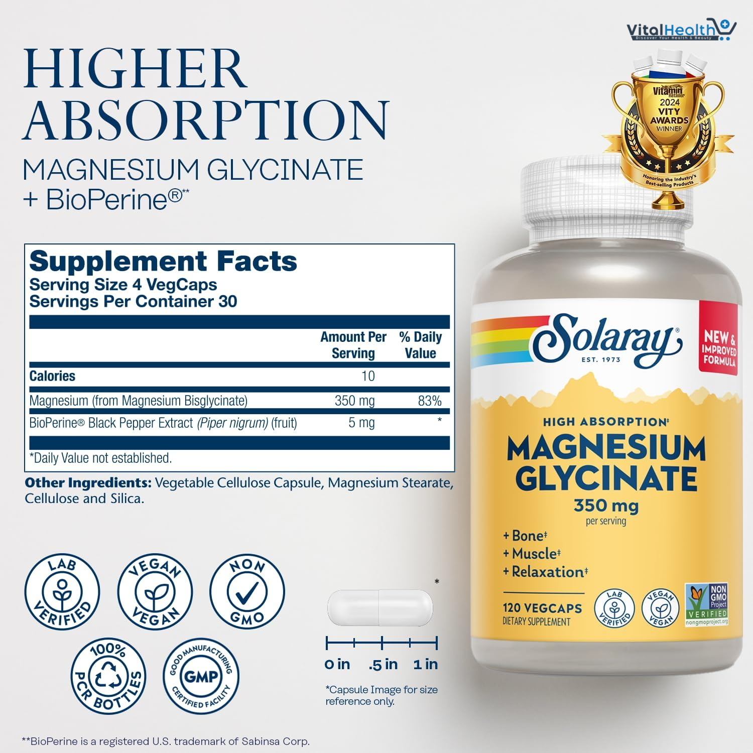 SOLARAY Magnesium Glycinate Capsules, Chelated Magnesium Bisglycinate w/BioPerine, Higher Absorption Magnesium Supplement - Bones, Muscles, Heart Support, 120 VegCaps thumbnail 4