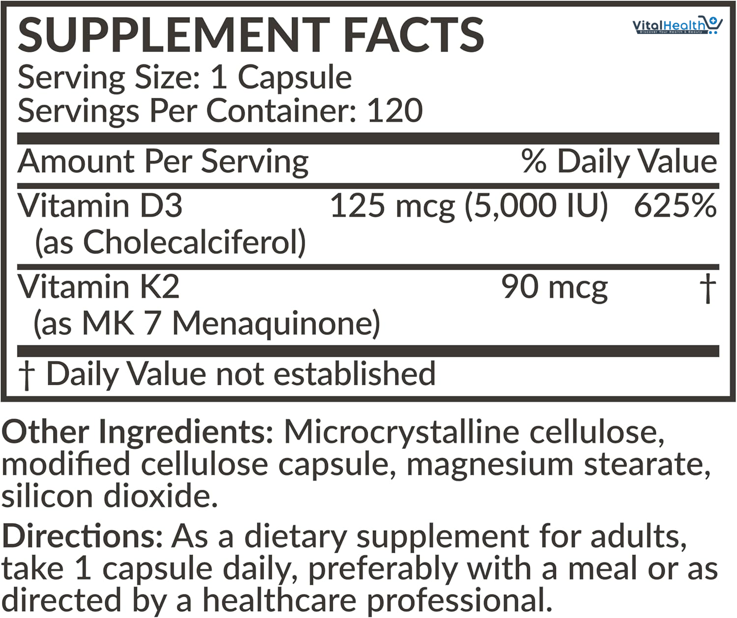 Futurebiotics Vitamin K2 (MK7) with D3 Supplement - Non-GMO Formula - 5000 IU Vitamin D3 &amp; 90 mcg Vitamin K2 MK-7, 120 Vegetarian Capsules thumbnail 5