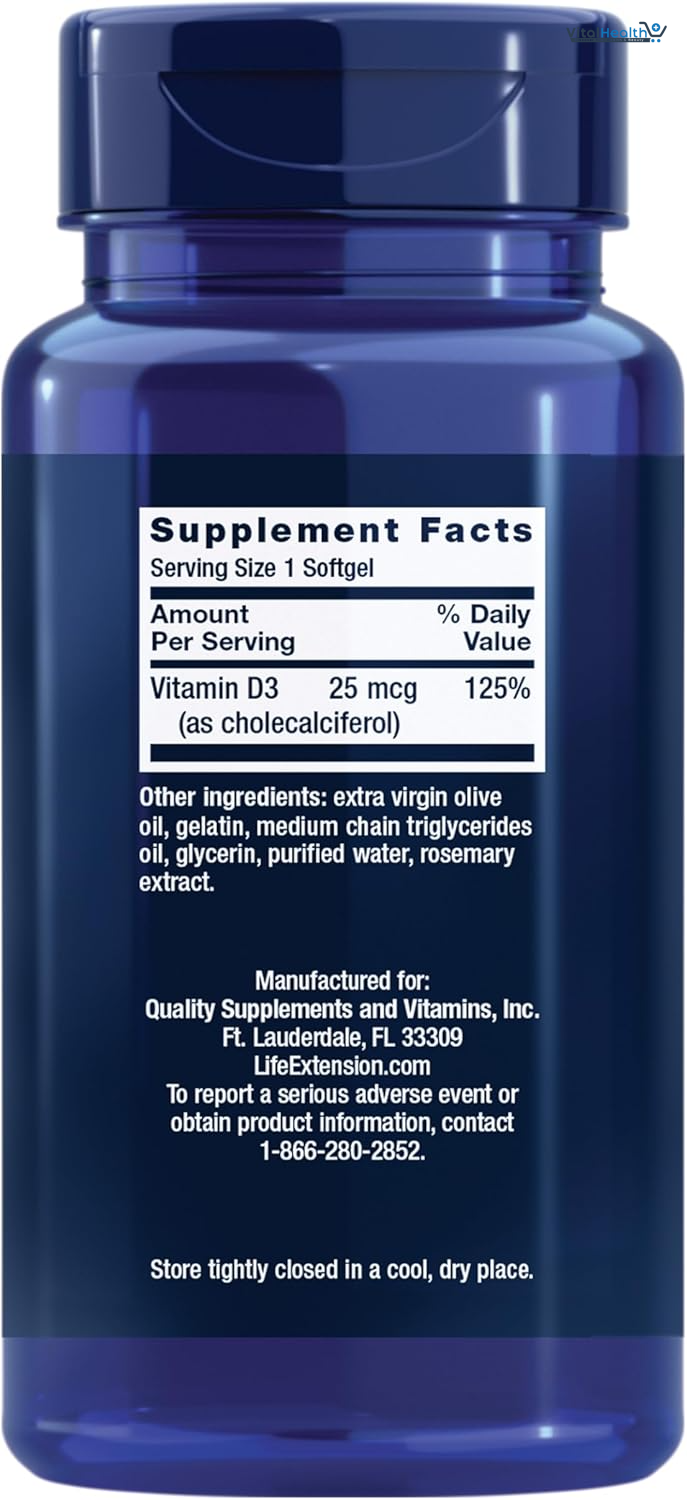 Life Extension Vitamin D3 25 mcg (1000 IU), Immune System Support, Bone Health, Whole-Body Health, Value Size, Gluten-Free, Non-GMO, 250 softgels thumbnail 5