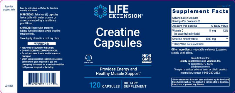 Life Extension Creatine Capsules – Creatine Monohydrate – Promotes Strength, Lean Muscle, Healthy Endurance – Non-GMO, Gluten-Free – 120 Capsules thumbnail 6