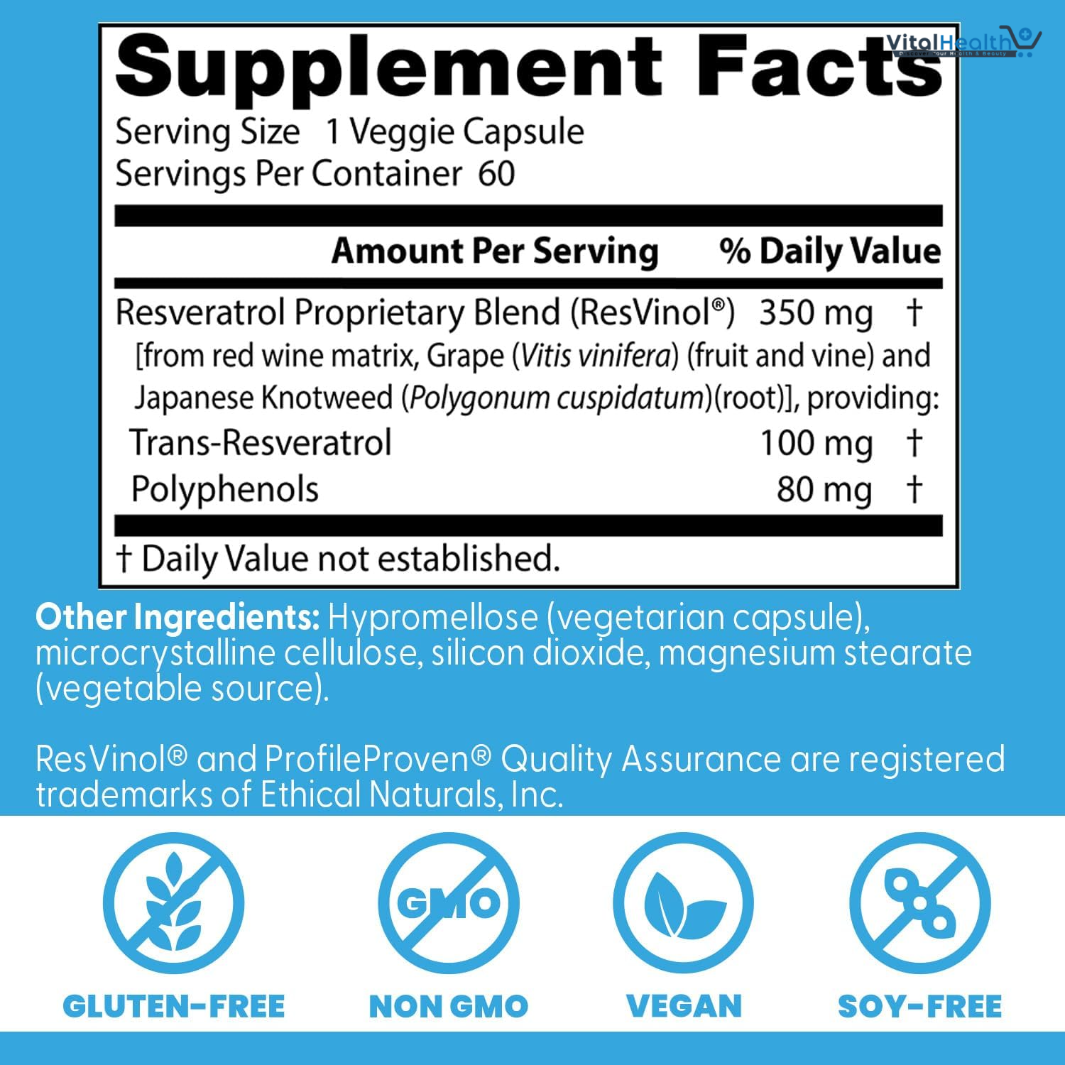 Doctors Best Trans-Resveratrol 100, Resveratrol with Red Wine Polyphenol (ResVinol), Non-GMO, Gluten Free, Soy Free, Vegan 60 Veggie Caps thumbnail 5