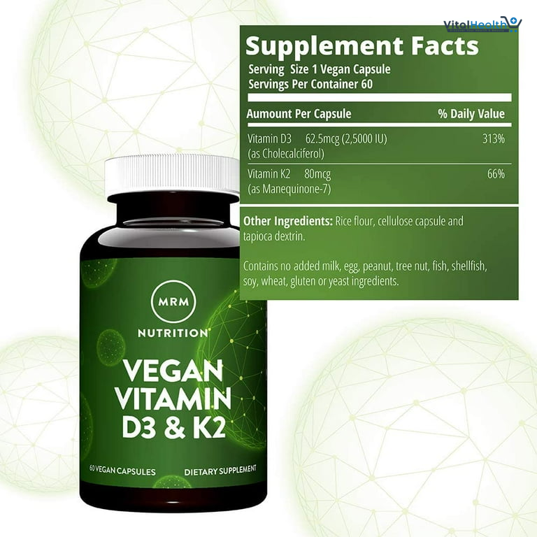 MRM Nuturition Vegan Vitamin D3 &amp; K2 | Bone + Immune Health | Made from lichens | Supports Calcium Absorption | Vegan + Vegetarian Friendly | 60 Servings thumbnail 3