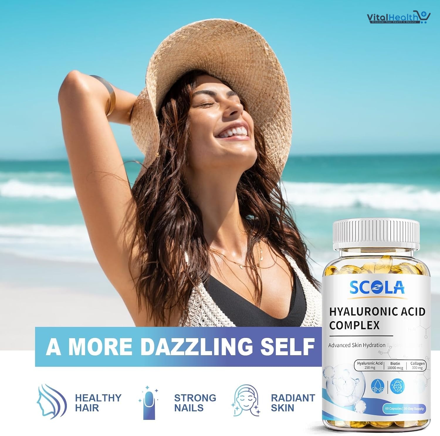 SCOLA Hyaluronic Acid Capsules - 250mg HA + 10,000mcg Biotin, 60 Vegan Capsules | Deep Hydration, Hair &amp; Nail Support | Non-GMO Formula thumbnail 4