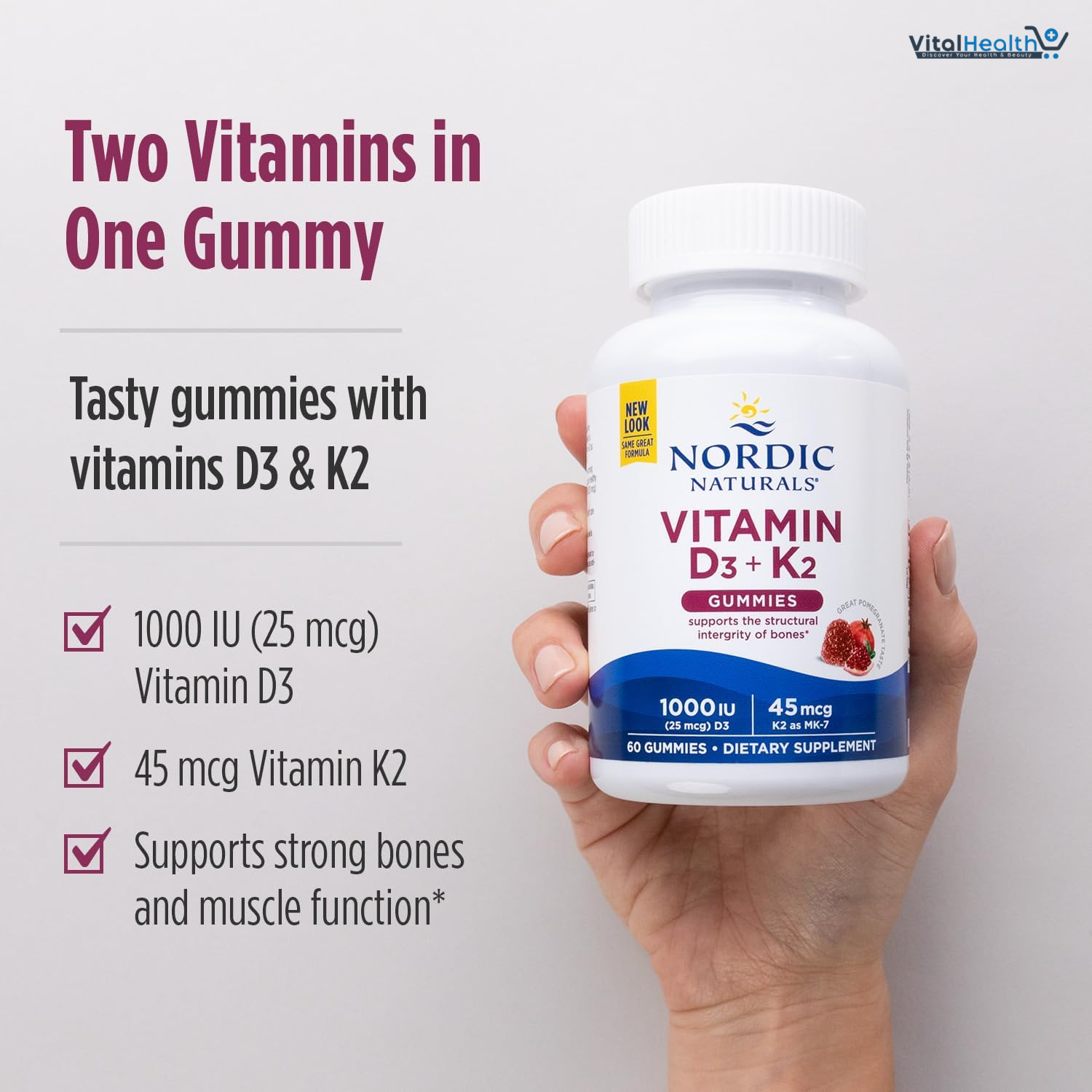Nordic Naturals Vitamin D3 + K2 Gummies, Pomegranate - 60 Gummies - 1000 IU Vitamin D3 + 45 mcg K2 - Great Taste - Bone Health, Promotes Healthy Muscle Function - Non-GMO - 60 Servings thumbnail 2