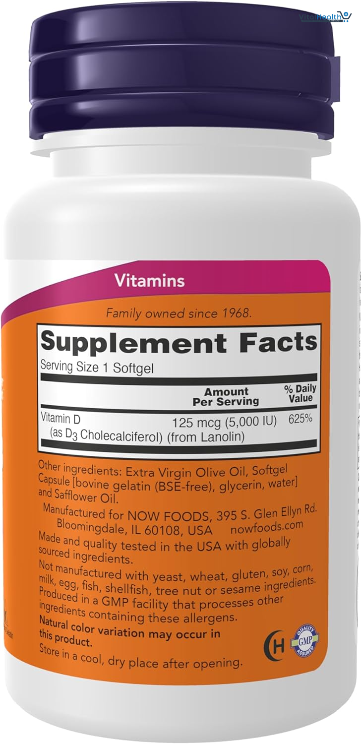 NOW Foods Supplements, Vitamin D-3 5,000 IU, High Potency, Structural Support, 240 Softgels thumbnail 2