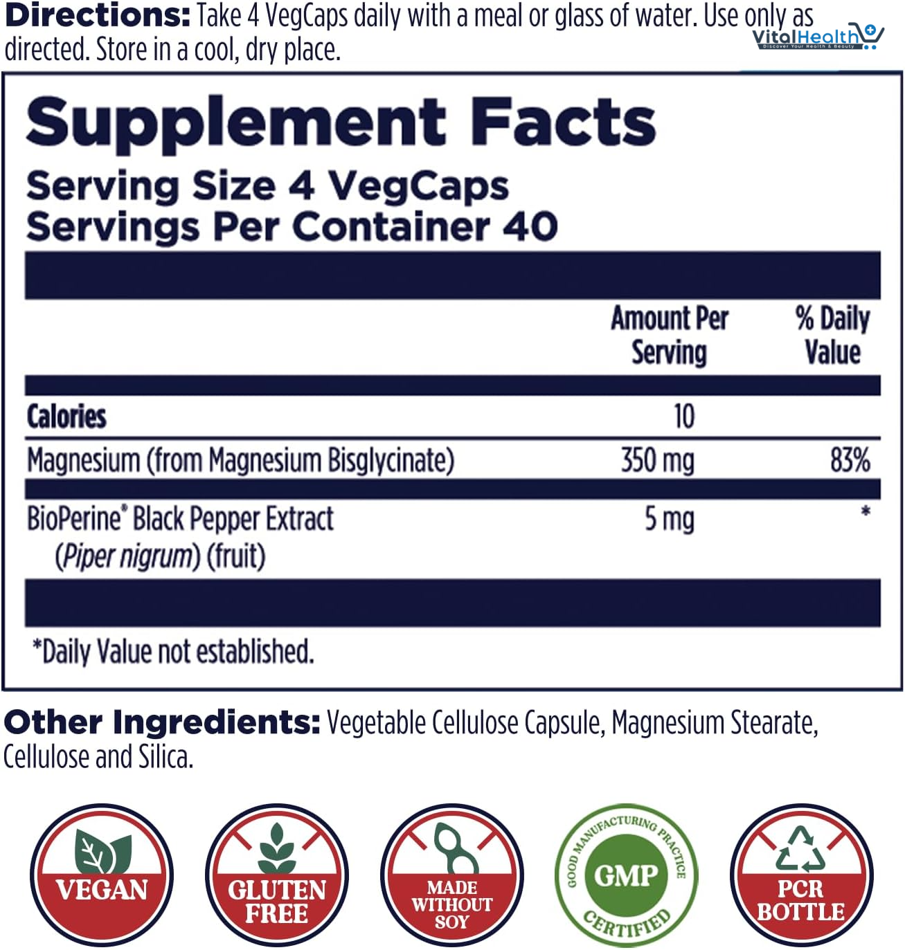 KAL Magnesium Glycinate, New &amp; Improved Fully Chelated High Absorption Formula with BioPerine, Bisglycinate Chelate for Stress, Relaxation, Muscle &amp; Bone Health Support, 60 Servings, 240 VegCaps thumbnail 4