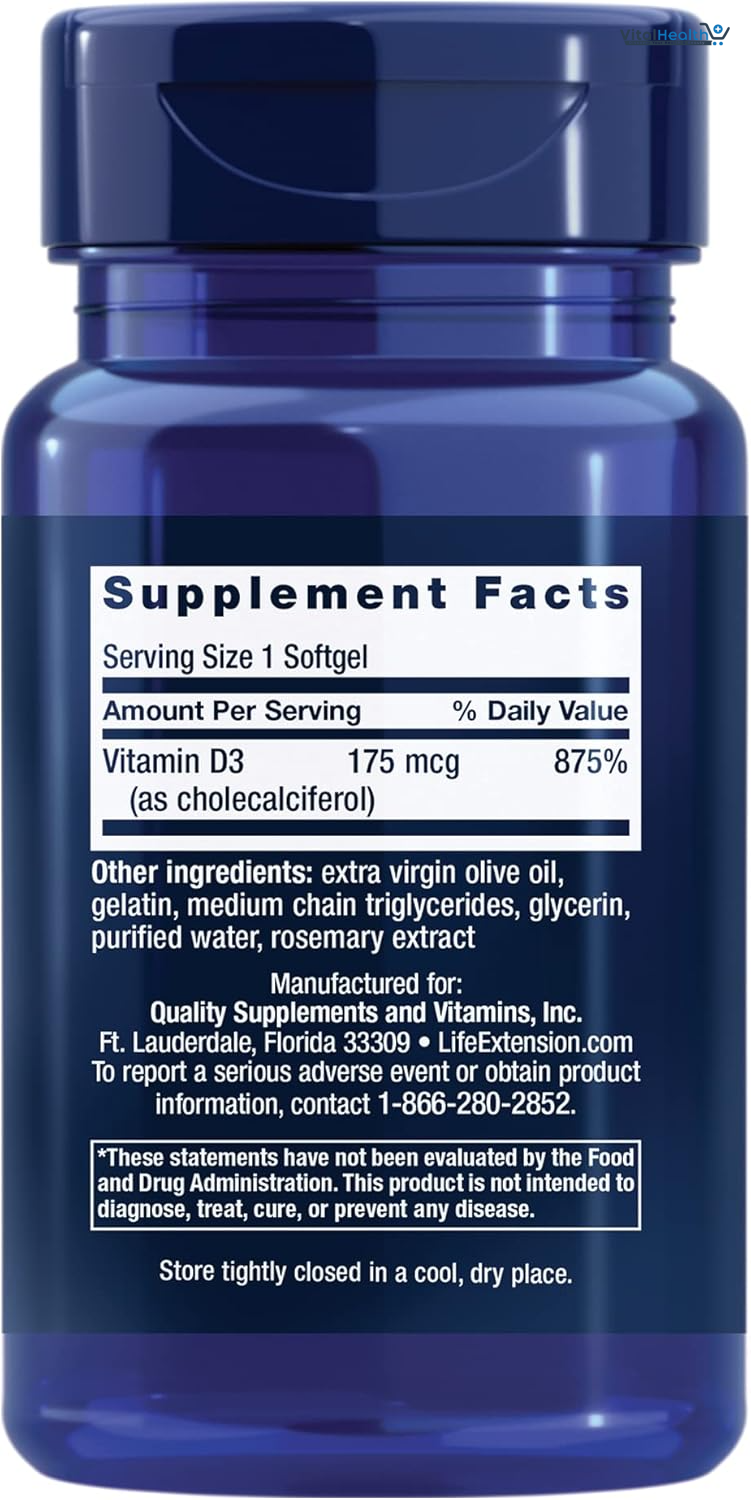Life Extension Vitamin D3 175 mcg (7000 IU), Immune System Support, Bone Health, Brain Performance, Gluten-Free, Non-GMO, Once Daily, Two-Month Supply, 60 softgels thumbnail 3