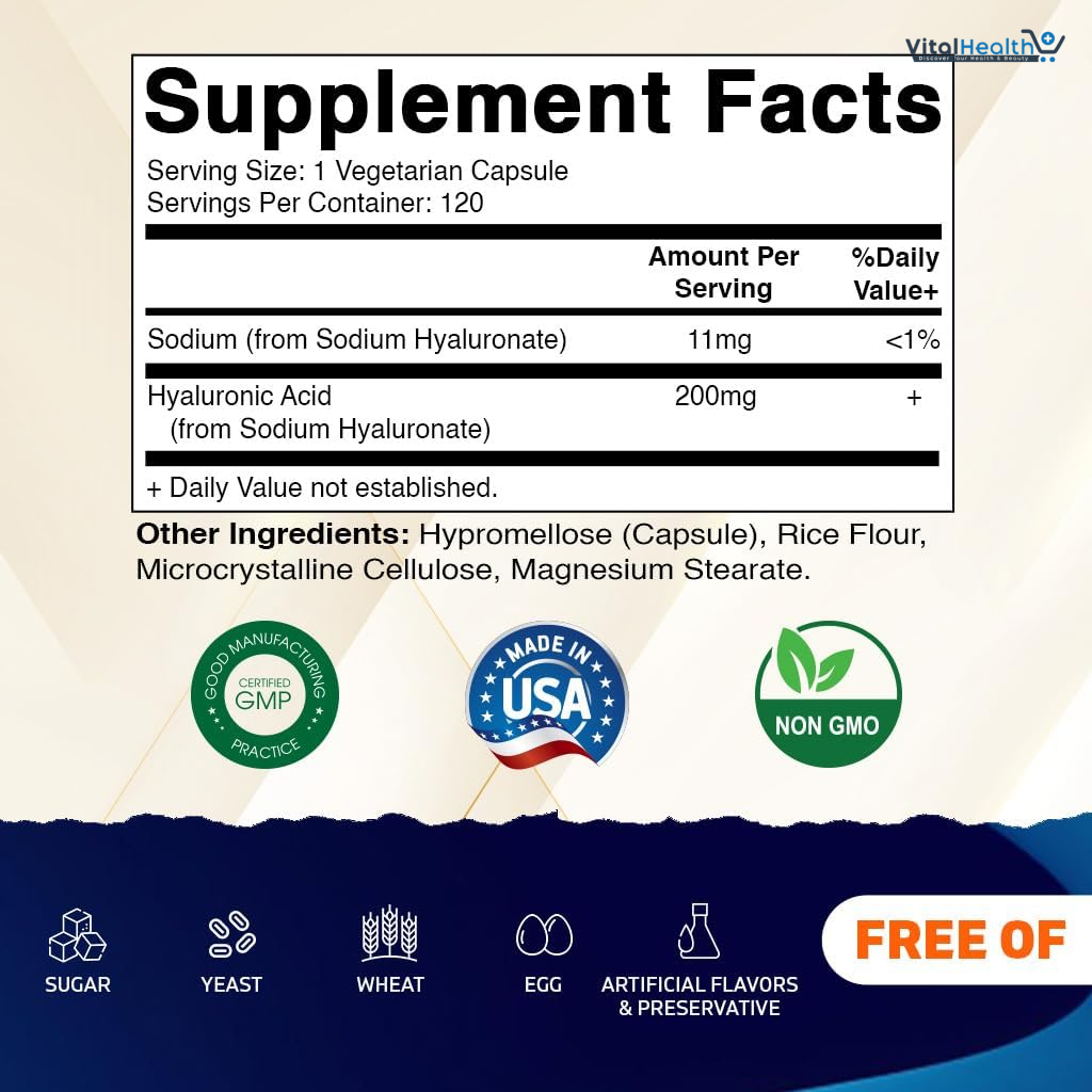 Vitamatic Hyaluronic Acid Supplements 200mg - Supports Healthy Connective Tissue and Joints - Promote Youthful Healthy Skin - 120 Capsules thumbnail 6