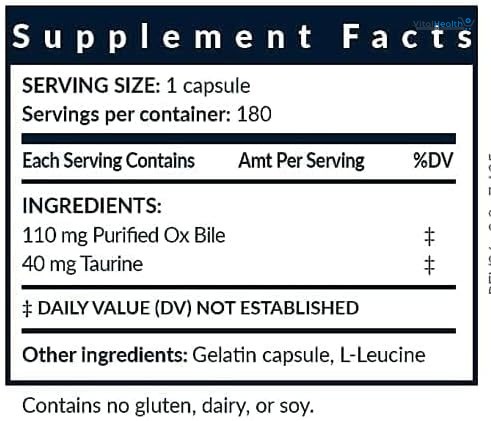 Bile Salts Booster | Supports Gallbladder/No Gallbladder | Ox Bile &amp; Taurine Gallbladder Supplement | Gas &amp; Bloating | Digestive Aid Especially fats | 180 Capsules - 110 mg thumbnail 5