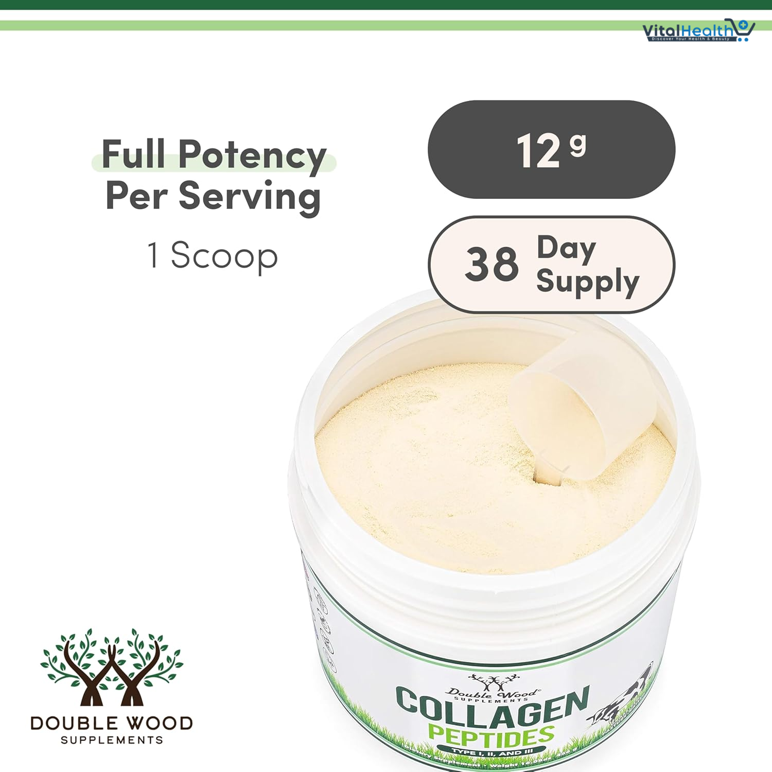 Collagen Peptides Powder - Hydrolyzed Collagen, Keto Safe - 16.08oz - Multi Type 1, 2, and 3 (Grass Fed Bovine Source)(Colageno Hidrolizado) Collagen Supplements for Women and Men by Double Wood thumbnail 4