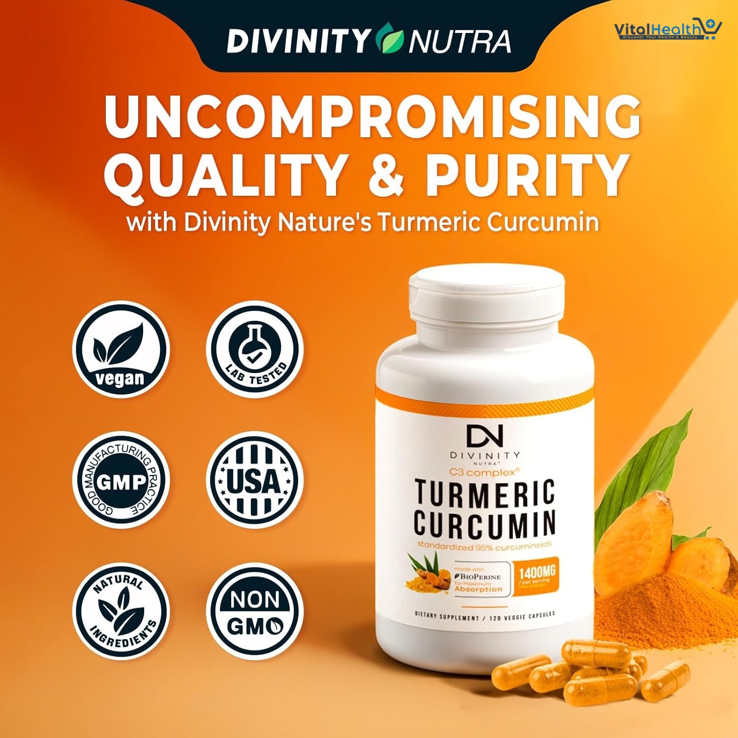 Turmeric Curcumin with BioPerine Black Pepper 1400mg, Support GLP-1 Naturally, Max Absorption Turmeric Supplement for Joint Support with 95% Standardized Curcuminoids C3 Complex, Non GMO, 120 Capsules thumbnail 5
