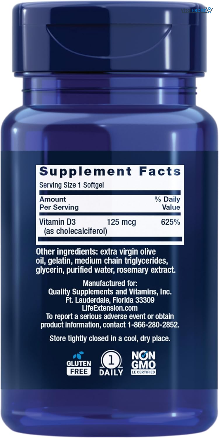 Life Extension Vitamin D3 125 mcg (5000 IU), Bone Health, Brain Performance, Immune System Support, Gluten-Free, Non-GMO, Once Daily, Two-Month Supply, 60 Softgels thumbnail 3