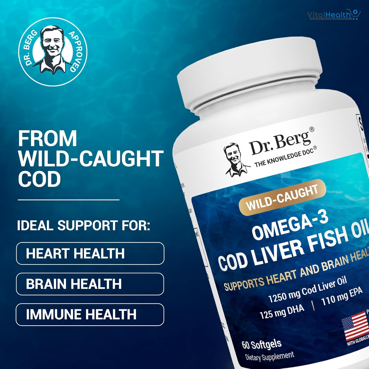 Dr. Berg Maximum Strength Omega-3 Cod Liver Fish Oil (1250 mg) from Wild-Caught Cod - Lemon-Flavored Omega-3 Fish Oil for Women &amp; Men - EPA DHA Supplement – 60 Softgels thumbnail 3