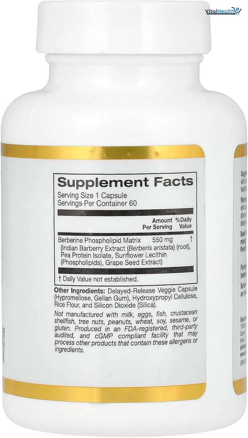 California Gold Nutrition, Berberine Advanced, Berbevis Phytosome with Berberine Phospholipid Complex with Sunflower Lecithin, 550 mg, 60 Veggie Capsules thumbnail 2