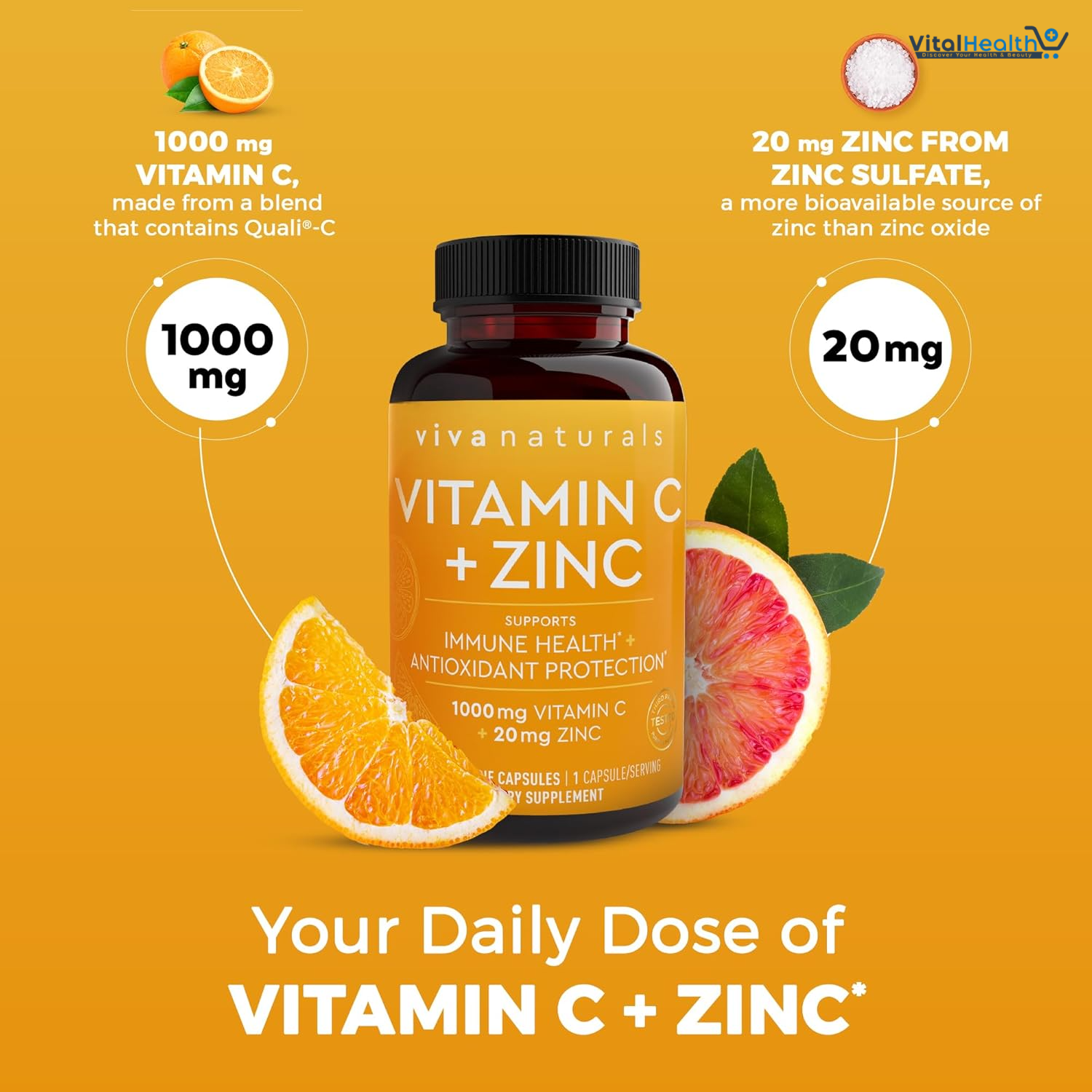 Viva Naturals Vitamin C and Zinc Supplement (250 Capsules) - 1000 mg Vitamin C with Zinc 20 mg Antioxidant Supplements for Immune Support, Vitamin Supplement for Adults thumbnail 3