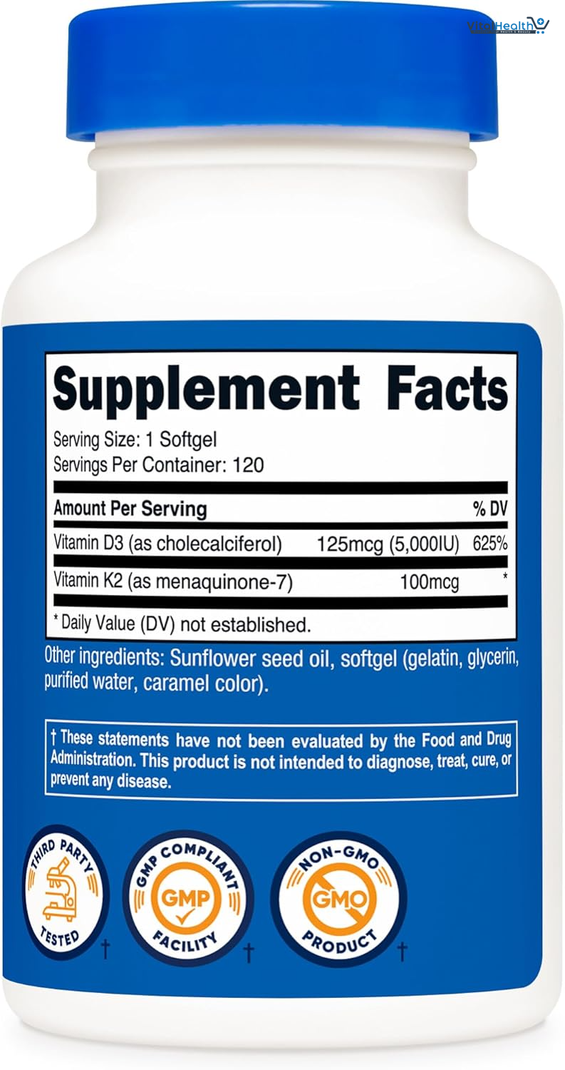 Nutricost Vitamin K2 (MK7) (100mcg) + Vitamin D3 (5000 IU) 120 Softgels - Gluten Free and Non-GMO thumbnail 3