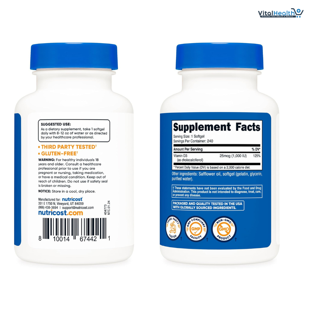 Nutricost Vitamin D3 1000 iu Softgels, 240 Softgels - Non-GMO &amp; Gluten Free thumbnail 2