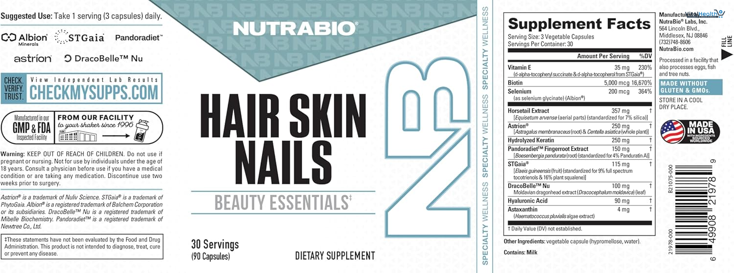 NutraBio Hair Skin Nails Vitamins| Enhanced Collagen Support | Skin Hydration | Hair Growth Vitamins I for Women with Biotin, Keratin, Hyaluronic Acid &amp; More- 90 Capsules thumbnail 4