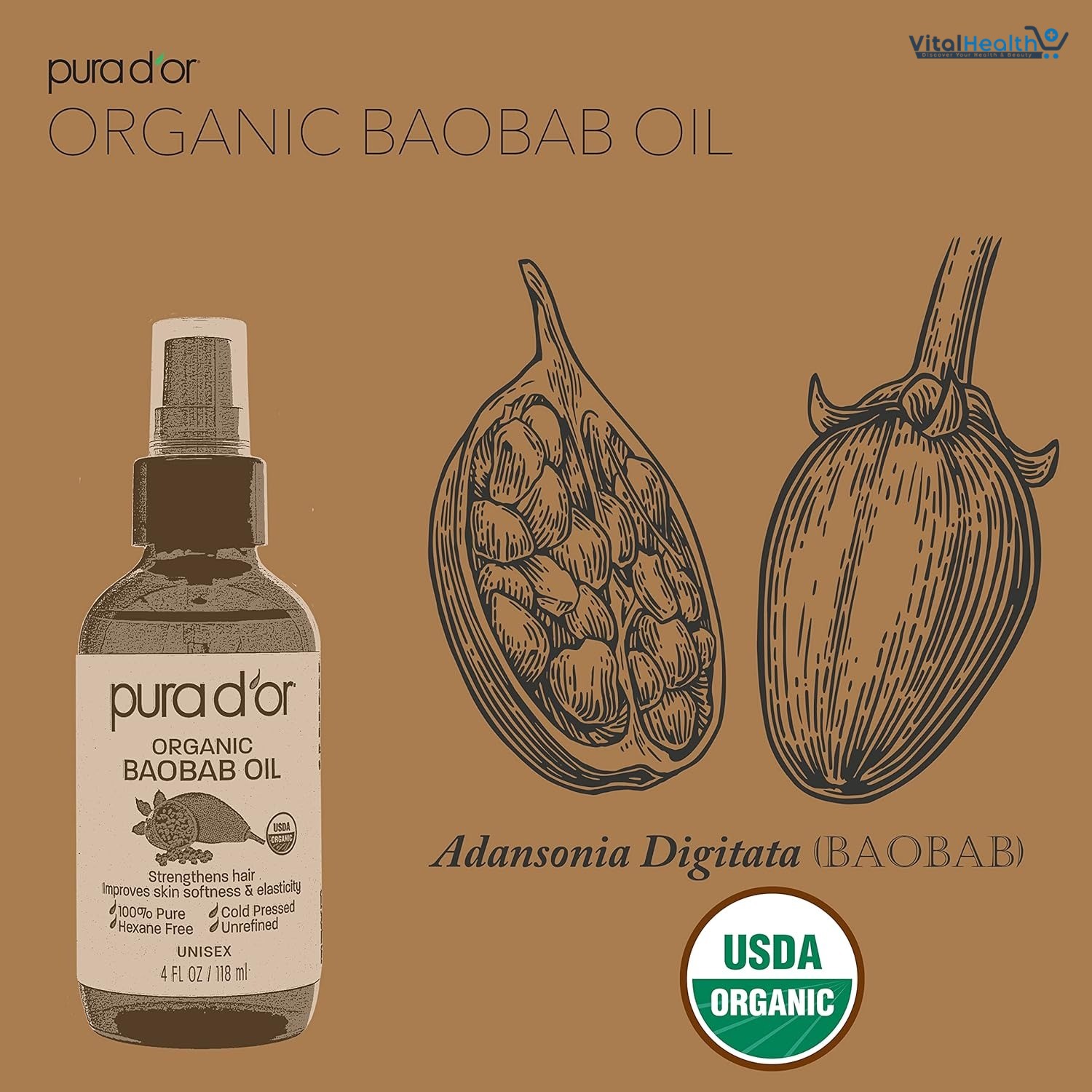 PURA D'OR 4 Oz ORGANIC Baobab Oil - 100% Pure USDA Certified Premium Grade Natural Moisturizer, Cold Pressed, Unrefined, Hexane-Free Base Carrier Oil for DIY Skin Care For Men &amp; Women thumbnail 4