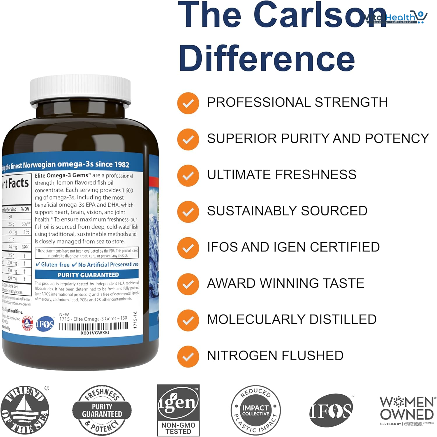 Carlson - Elite Omega-3 Gems, 1600 mg Omega-3 Fatty Acids Including EPA and DHA, Norwegian, Wild-Caught Fish Oil Supplement, Sustainably Sourced Omega 3 Fish Oil Capsules, Lemon, 130 Softgels thumbnail 3