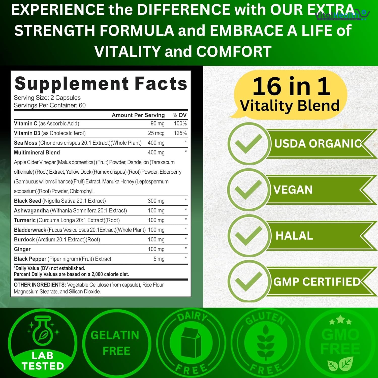 AyBet Organic Irish Sea Moss, Black Seed Oil, Ashwagandha, Turmeric,Ginger Capsule _ 120 Count thumbnail 3