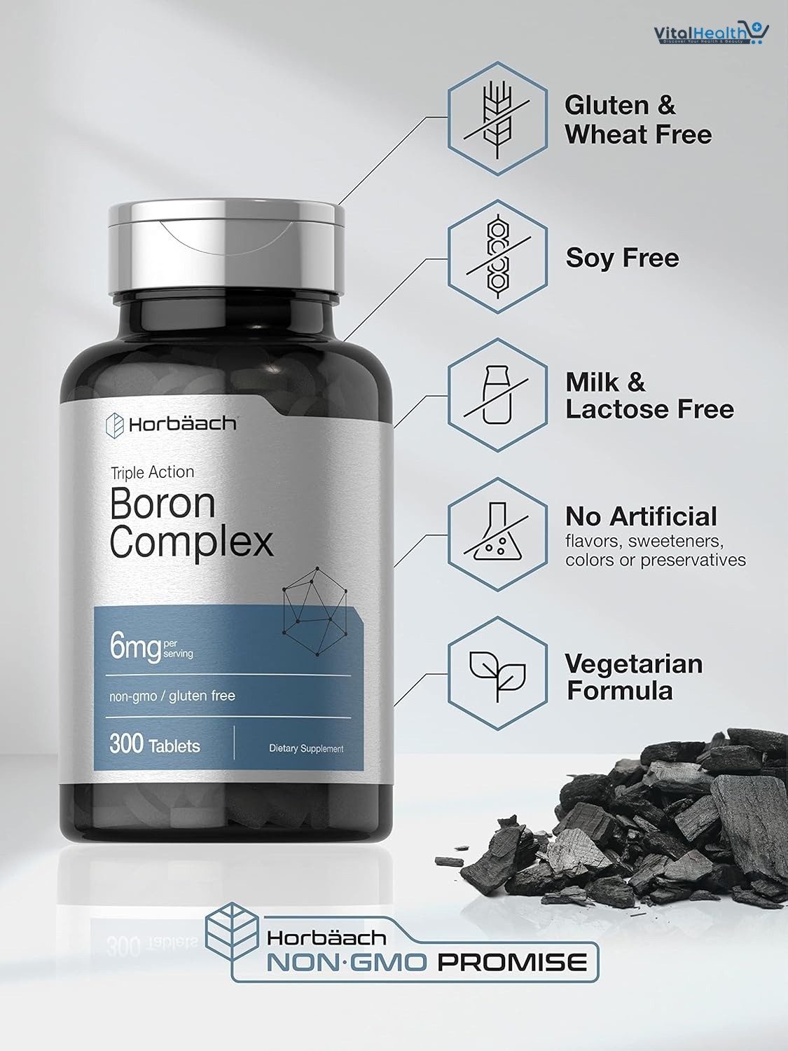 Horbäach Triple Boron Complex 6 mg Supplement | 300 Tablets | for Men and Women | Vegetarian, Non-GMO &amp; Gluten Free | Triple Action Boron Citrate, Boron Glycinate, Boron Asparate thumbnail 2