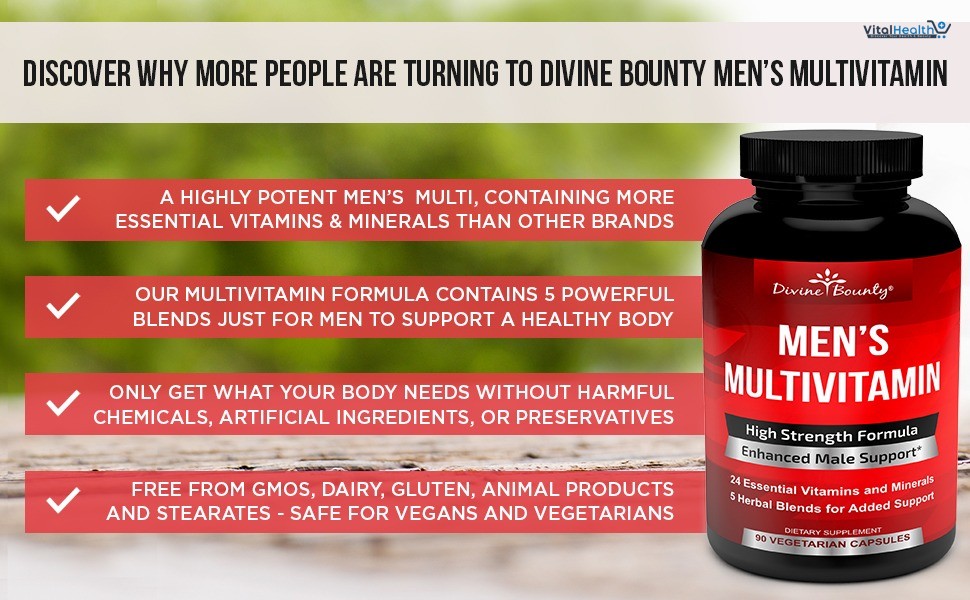 Mens Multivitamin – Daily Multivitamin for Men with Vitamin A C D E K B Complex, Calcium, Magnesium, Selenium, Zinc Plus – 90 Vegetarian Capsules thumbnail 3