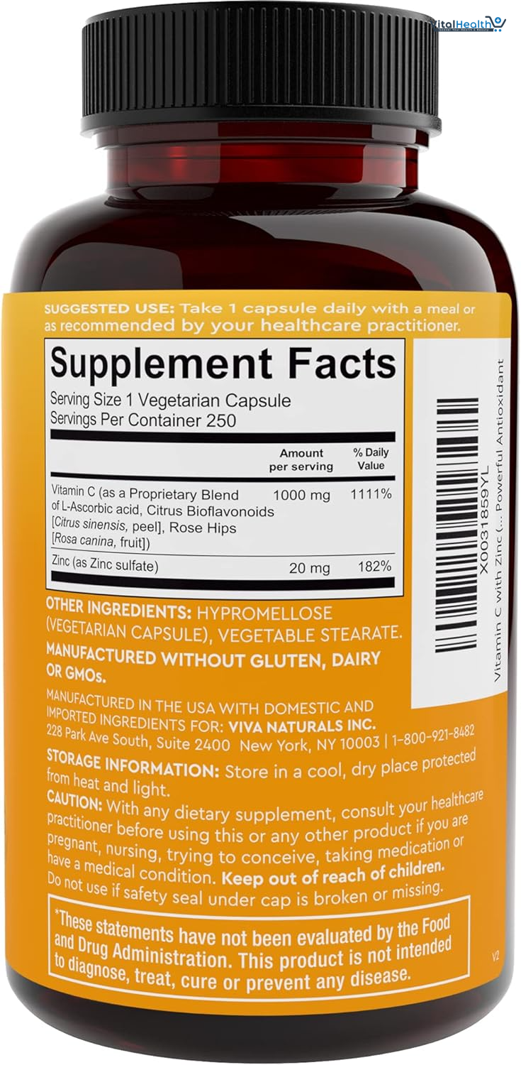 Viva Naturals Vitamin C and Zinc Supplement (250 Capsules) - 1000 mg Vitamin C with Zinc 20 mg Antioxidant Supplements for Immune Support, Vitamin Supplement for Adults thumbnail 5