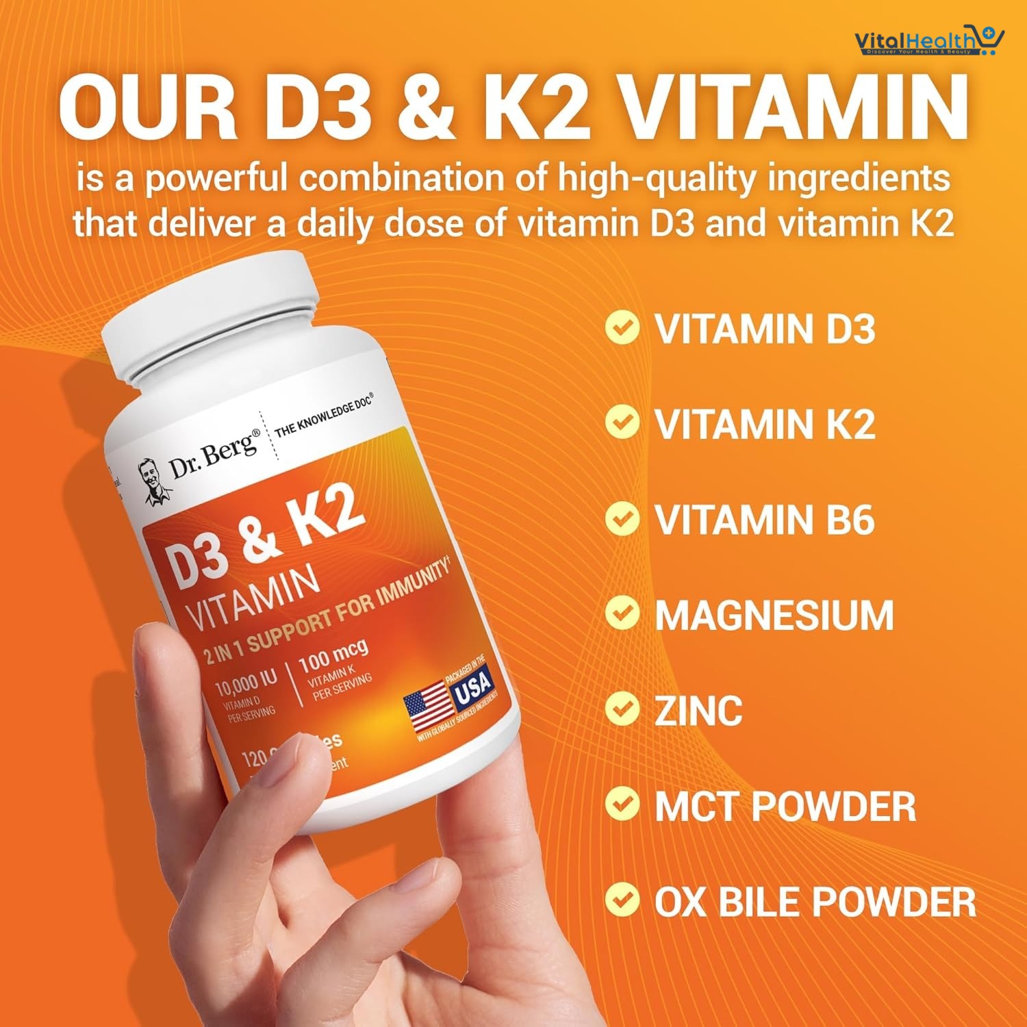 Dr. Berg D3 &amp; K2 Vitamin 10,000 IU _1000 MCG 120 Capsules thumbnail 3
