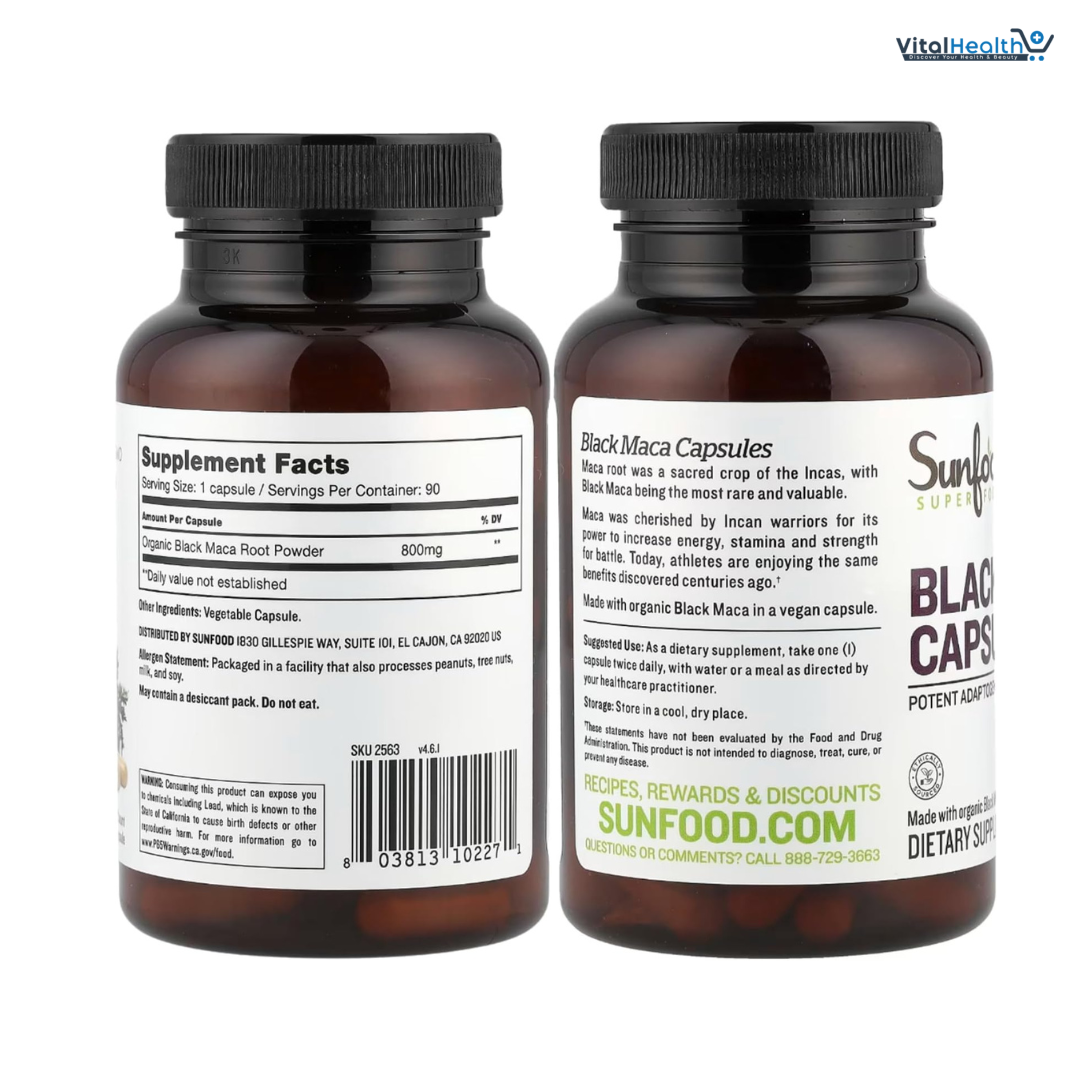 Sunfood Superfoods Black Maca Capsules | Non-GMO, Vegan | | Pure Single Ingredient Product | Ultra Clean (No Additives, Fillers, Preservatives) | 90 count | 800 mg per Capsule thumbnail 3