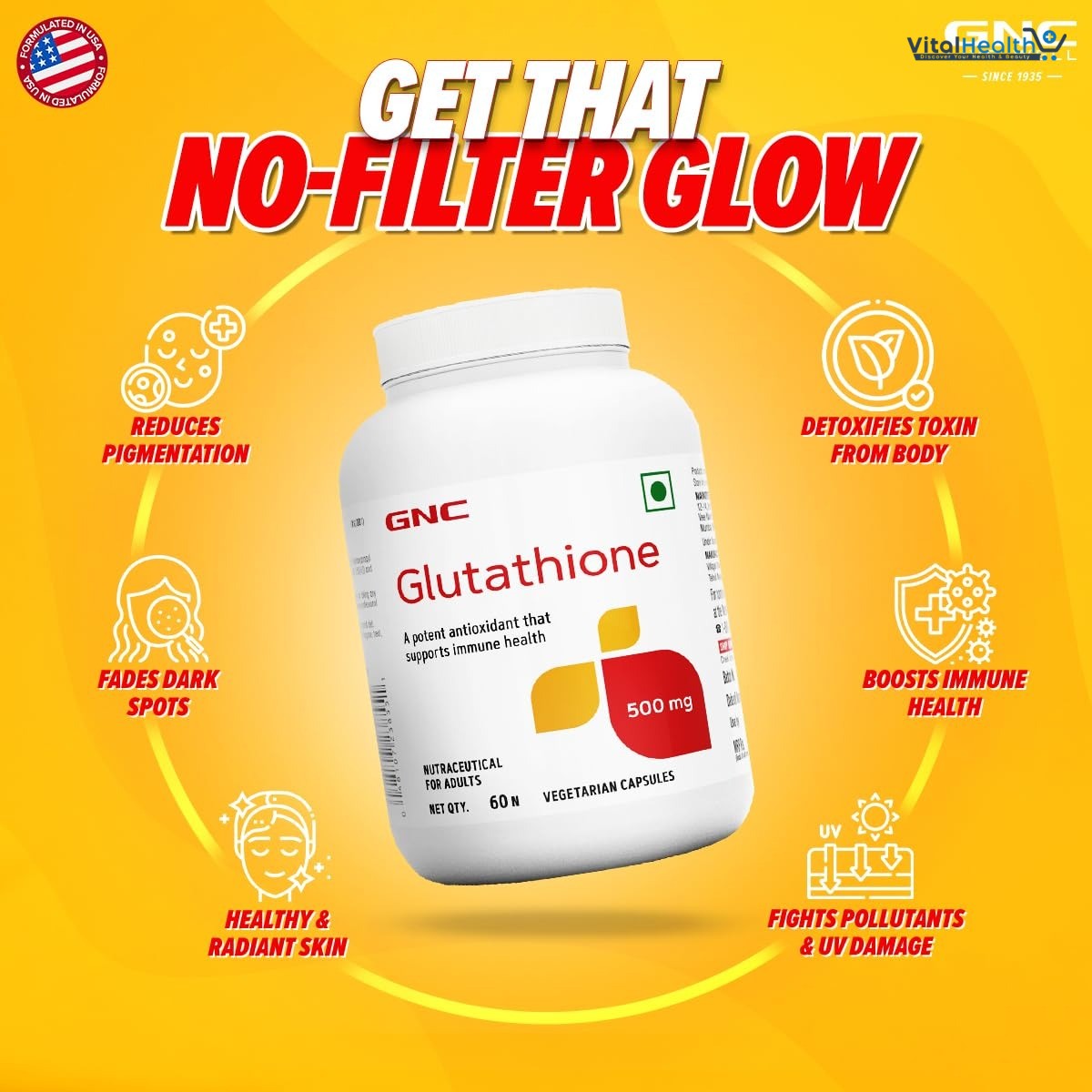 GNC Glutathione 500mg With Vitamin C For Clear &amp; Radiant Skin | 60 Veg Capsules | Reduces Dark Spots &amp; Melanin Pigmentation | Boosts Immunity | Fights Pollution &amp; UV Damage | For Men &amp; Women| Formulat thumbnail 3