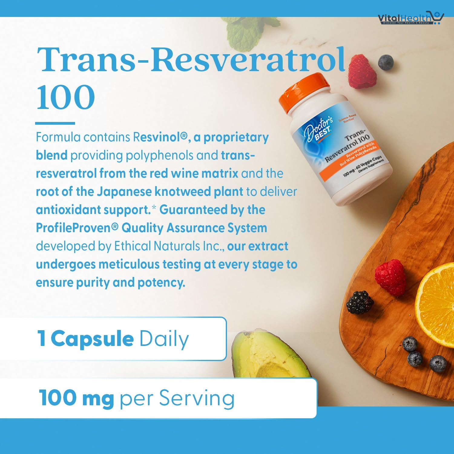 Doctors Best Trans-Resveratrol 100, Resveratrol with Red Wine Polyphenol (ResVinol), Non-GMO, Gluten Free, Soy Free, Vegan 60 Veggie Caps thumbnail 2