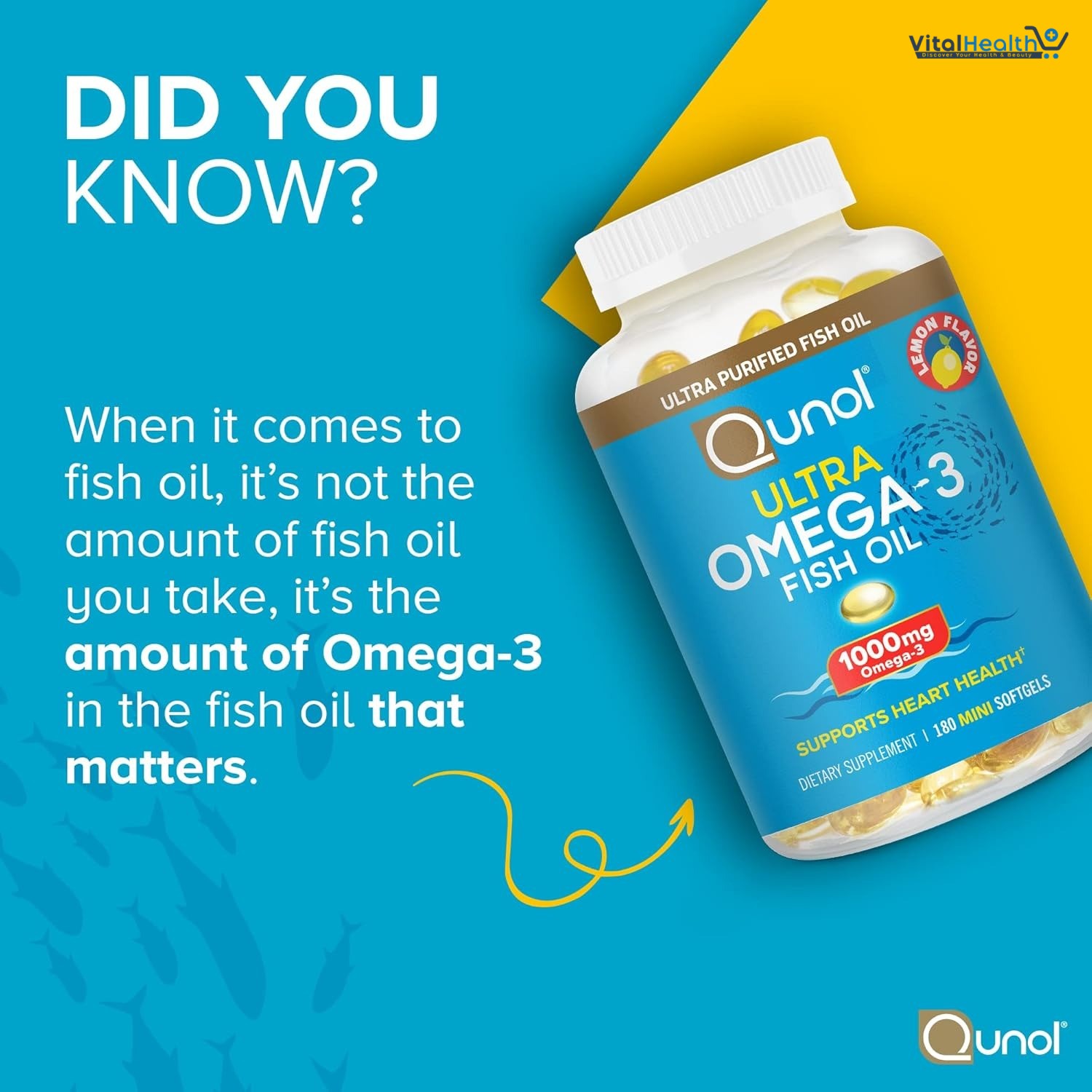 Qunol Fish Oil Omega 3 Mini Softgels, 1000mg Omega 3 EPA + DHA, Ultra Pure Supplements, Heart Health Support, Lemon Flavor, Easy to Swallow Minis, 3 Month Supply, 180 Count thumbnail 6